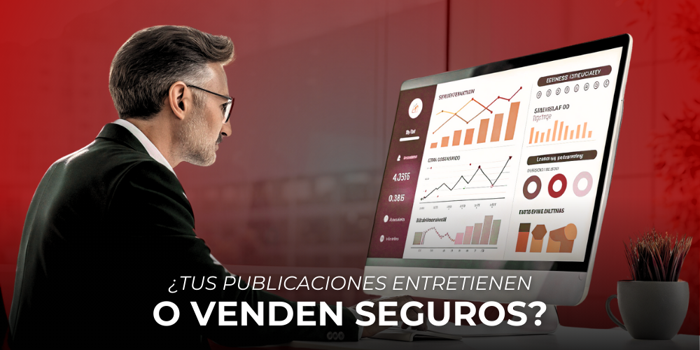 Agente de seguros analizando métricas de contenido que vende seguros en su computadora